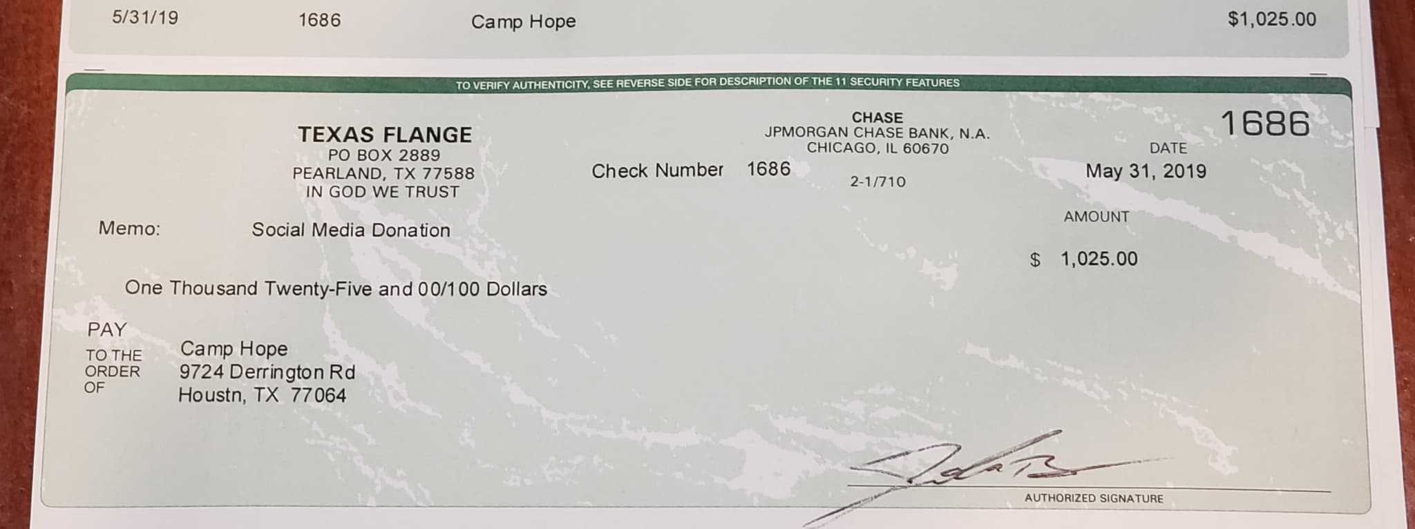 Texas Flange Pays It Forward - Camp Hope