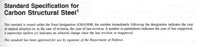 An image showing the ASTM guidelines that must be followed for the production and distribution of A36 type steel plates.