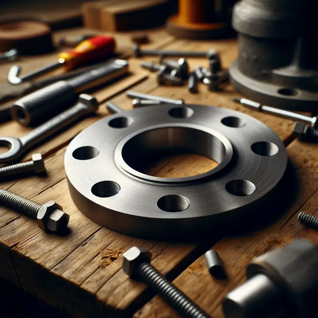 A close-up of a flange placed on a wooden work table accompanied by different screws for application in the industrial sector.