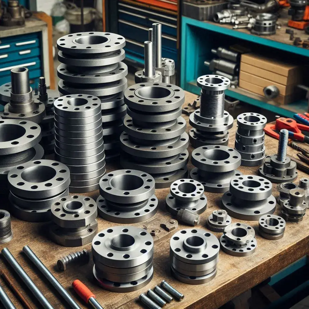 Different types of flanges stacked on a table, highlighting the JIS flange vs ANSI flange certifications each of them has.