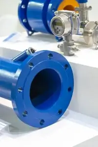 Industrial pipe with a blue flange in place, showing a practical use for Blind Flange vs Spectacle Blind applications