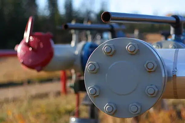 Industrial pipe connection sealed with a Blind Flange, securely installed to block flow, ideal for maintenance or pressure tests in piping systems.