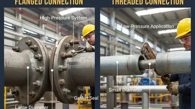 Industrial engineer inspecting flange and threaded pipe connections side by side, demonstrating strength and installation differences in Flanged vs. Threaded Connections