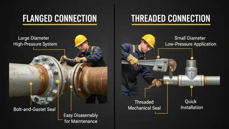 Illustration showing detailed contrast between flanged and threaded piping setups, with an engineer assessing connection strength and efficiency — Flanged vs. Threaded Connections