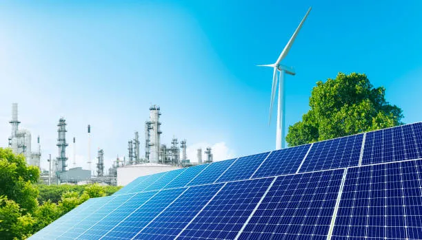 Aerial view of a renewable energy plant with solar panels, visible pipelines, and metal flanges, demonstrating the essential role of The Role of Flanges in Power Generation and Renewable Energy