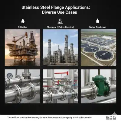 Collage of stainless steel flanges on an oil platform, chemical plant, and water treatment facility, showing versatile use in critical industries