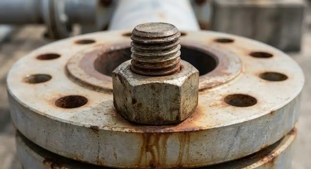 Rusty flange with a bolt