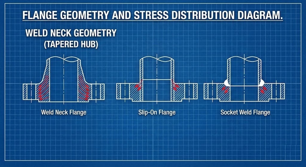 Flange types and stress distribution illustrated.