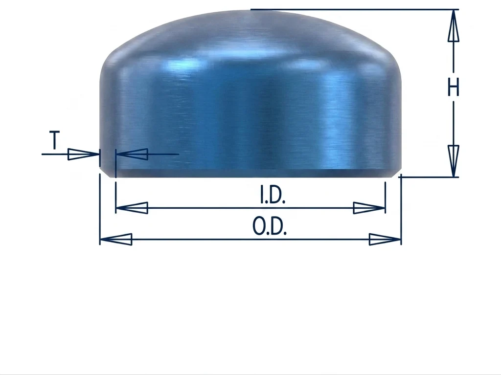 Dimension drawing of a cap showing O.D., I.D., T, H
