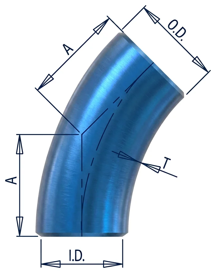 Dimension drawing of a 45° 3r elbow showing O.D., I.D., T, A