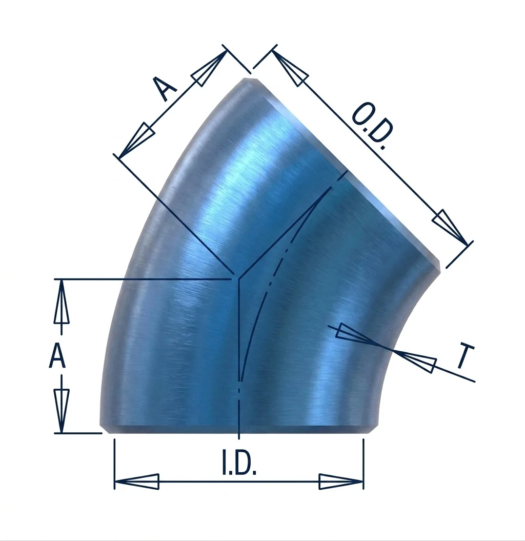 Dimension drawing of a 45° long radius elbow showing O.D., I.D., T, A