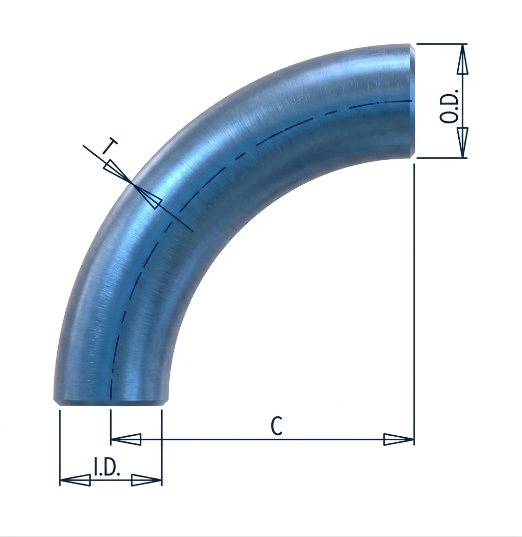 Dimension drawing of a 90° 3r elbow showing O.D., I.D., T, C