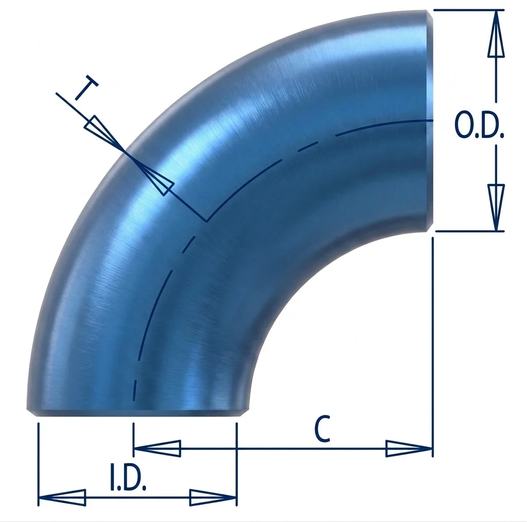 Dimension drawing of a 90° long radius elbow showing O.D., I.D., T, C
