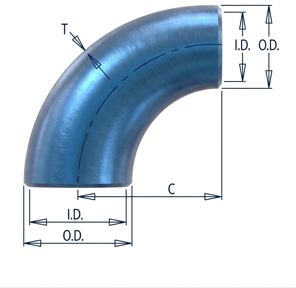 Dimension drawing of a 90° reducing elbow showing O.D., I.D., T, C