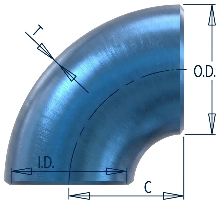 Dimension drawing of a 90° short radius elbow showing O.D., I.D., T, C