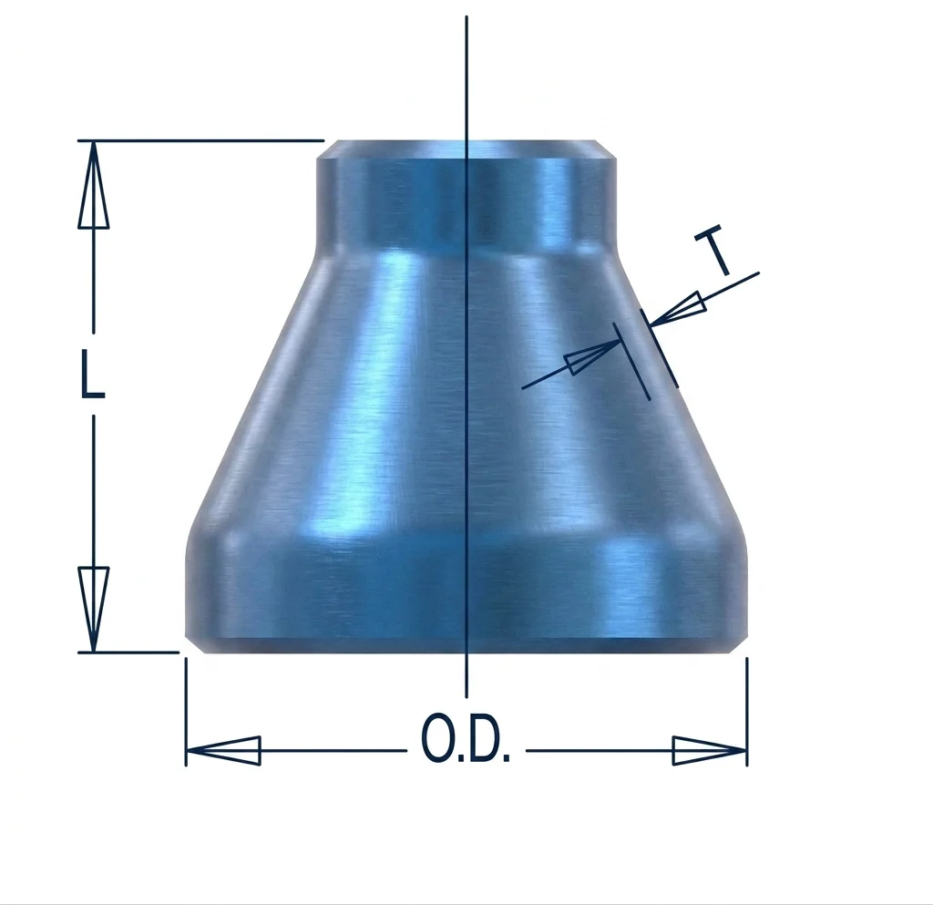 Dimension drawing of a concentric & eccentric reducers showing O.D., I.D., T, L