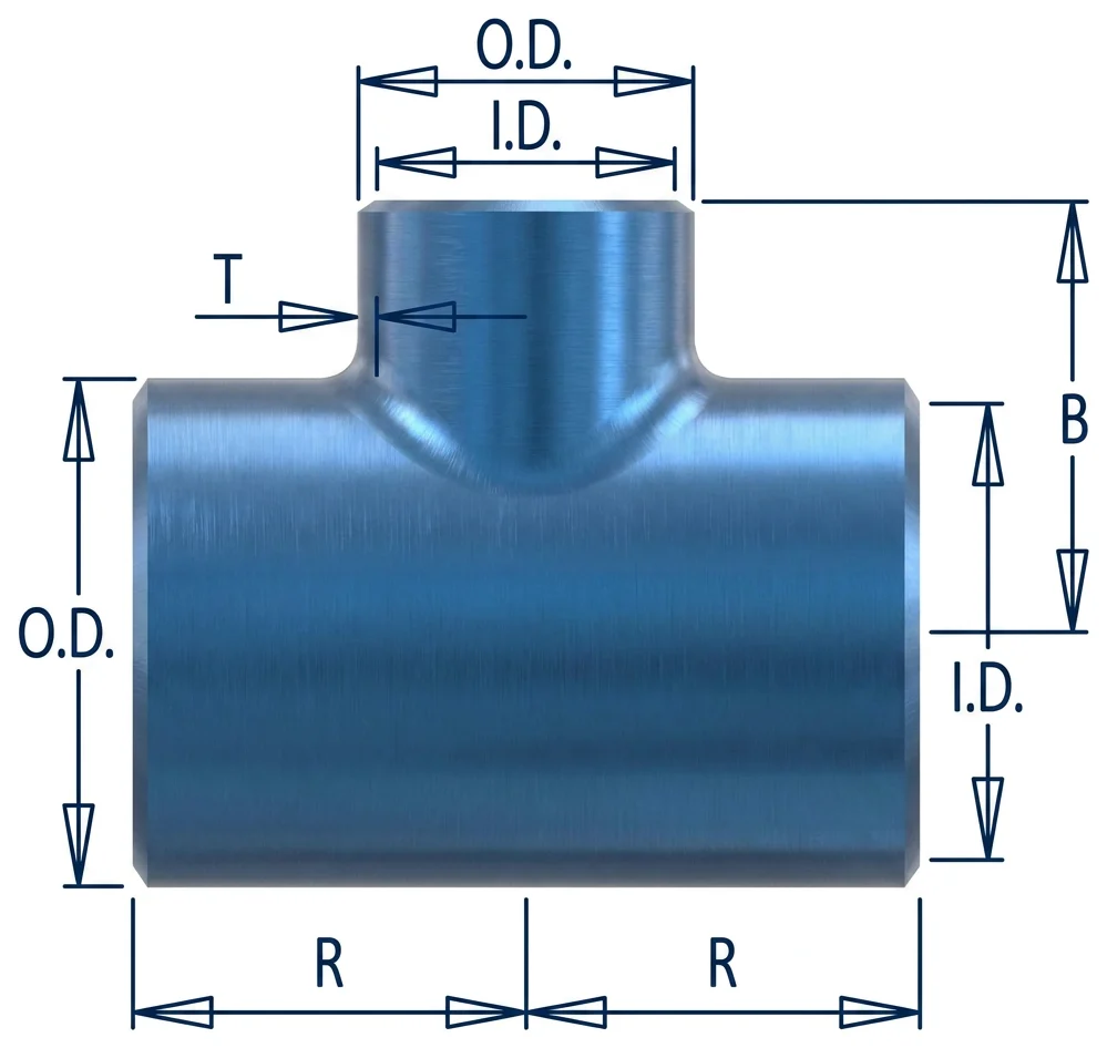 Dimension drawing of a reducing tee showing O.D., I.D., T, R, B
