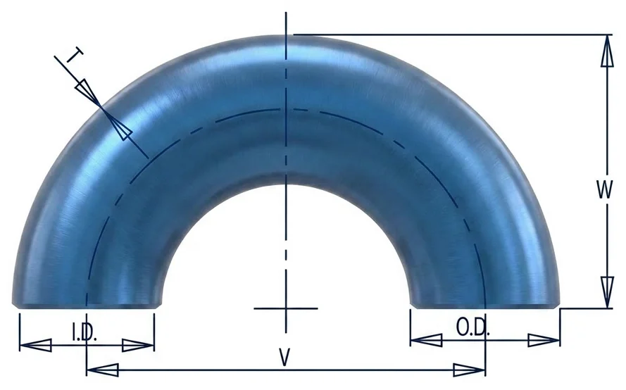 Dimension drawing of a 180° long radius return bend showing O.D., I.D., T, V, W