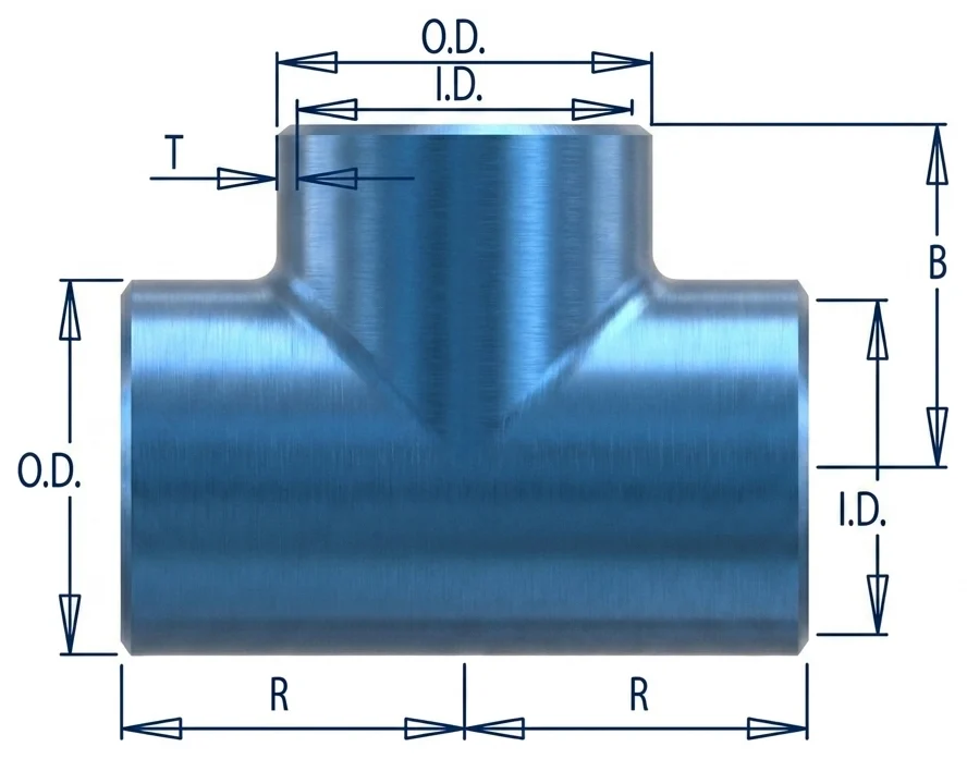 Dimension drawing of a straight tee showing O.D., I.D., T, R, B